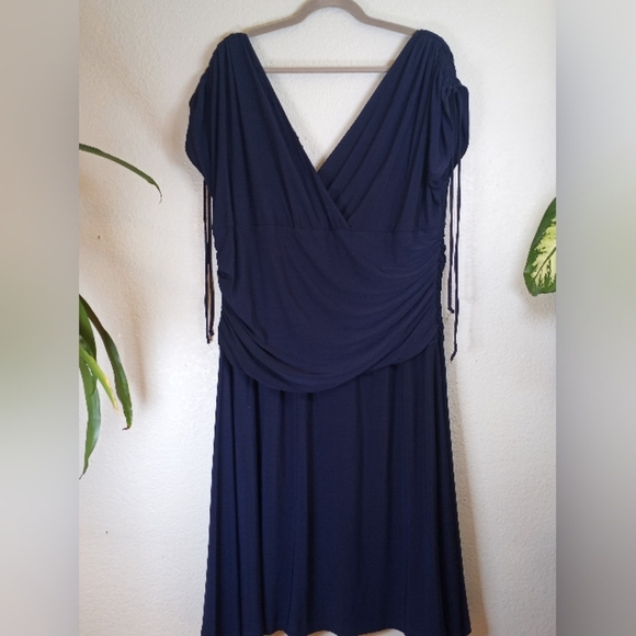 Kiyonna Draped Ruched Adjustable Sleeve Midi Dress Nautical Casual Navy Blue 3X - Picture 4 of 6